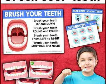 May include: A colorful educational poster with the text "Brush your teeth" in large, bold letters. The poster includes instructions on how to brush your teeth, including brushing up and down, round and round, and from left to right. It also encourages brushing in the morning and night. The poster features a cartoon image of a mouth with teeth and a child brushing their teeth.
