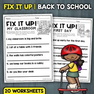 May include: Two worksheets with the text "FIX IT UP!" and "BACK TO SCHOOL". The worksheets are for classroom use and feature fill-in-the-blank sentences. A cartoon child on a scooter is on the right side of the image. The image also includes the text "20 WORKSHEETS".