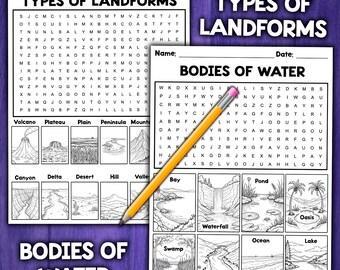 Landvormen en waterlichamen Activiteit Woordzoeker | Kleurplaten + werkbladen
