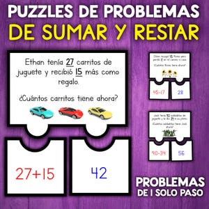 Puede incluir: Juego de rompecabezas educativo con problemas de suma y resta en español. El conjunto incluye problemas de coches de juguete, flores y soldados. El texto dice "Puzzles de problemas de sumar y restar".