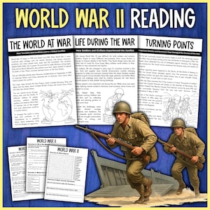 May include: A World War II reading comprehension educational poster. The poster includes text and illustrations about the war, with sections on the world at war, life during the war, and turning points. Soldiers with rifles are depicted.