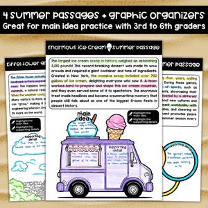 May include: A printable worksheet with graphic organizers for students to practice identifying the main idea and supporting details in summer-themed reading passages. The worksheet features illustrations of an ice cream truck, the Eiffel Tower, and a sports stadium.