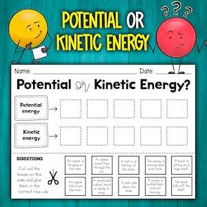 May include: A printable worksheet with the title "Potential or Kinetic Energy?" and instructions for a science activity. The worksheet has two columns labelled "Potential Energy" and "Kinetic Energy" with boxes to cut out and glue under the correct column. The worksheet includes a variety of scenarios involving objects with potential or kinetic energy.
