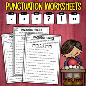 Peut inclure: Feuilles de travail éducatives sur la ponctuation avec des exemples et des exercices. L'image présente un garçon de dessin animé à un bureau, ainsi que des signes de ponctuation et des phrases d'entraînement.