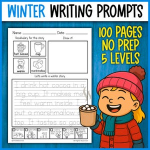Może przedstawiać: Arkusz ćwiczeń pisania o tematyce zimowej z tytułem "Winter Writing Prompts". Arkusz zawiera słowa z zakresu słownictwa, miejsce do rysowania i linie do pisania zimowej historii. Kreskówkowe dziecko w zimowym stroju trzyma filiżankę gorącej czekolady.