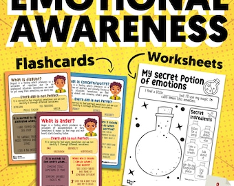 Peut inclure: Un ensemble de fiches pédagogiques et de feuilles de travail imprimables pour enseigner la conscience émotionnelle aux enfants. Les fiches pédagogiques présentent des illustrations colorées d'enfants exprimant différentes émotions, avec des définitions et des exemples de chaque émotion. Les feuilles de travail comprennent des activités telles que la coloration, le dessin et l'écriture sur les émotions. Les feuilles de travail sont intitulées "Ma potion secrète des émotions" et présentent une fiole de potion avec une liste d'« ingrédients secrets » pour calmer les émotions.