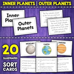 Puede incluir: 20 tarjetas de clasificación ilustradas para aprender sobre los planetas interiores y exteriores de nuestro sistema solar. Las tarjetas presentan ilustraciones coloridas de cada planeta, junto con datos clave sobre ellos, como su tamaño, distancia del sol y características notables.