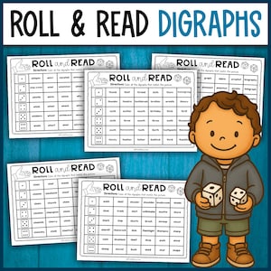 Puede incluir: Cartas de juego imprimibles en blanco y negro con dados para que los niños aprendan dígrafos. Las cartas presentan palabras con dígrafos como "wh", "th", "sh" y "ch".