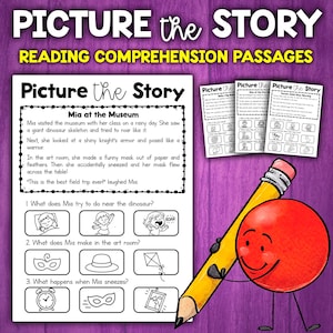 Puede incluir: Una hoja de trabajo en blanco y negro con el título "Picture the Story" y una historia sobre una niña llamada Mia que visita un museo. La hoja de trabajo incluye tres preguntas de opción múltiple con ilustraciones.