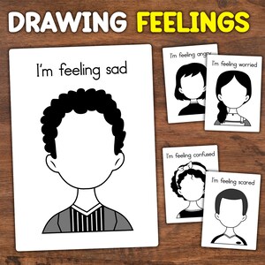 Puede incluir: Una hoja de trabajo imprimible con ilustraciones en blanco y negro de caras con diferentes emociones. La hoja de trabajo incluye el texto "Dibujar sentimientos" y "Me siento triste", "Me siento enojado", "Me siento preocupado", "Me siento confundido" y "Me siento asustado".