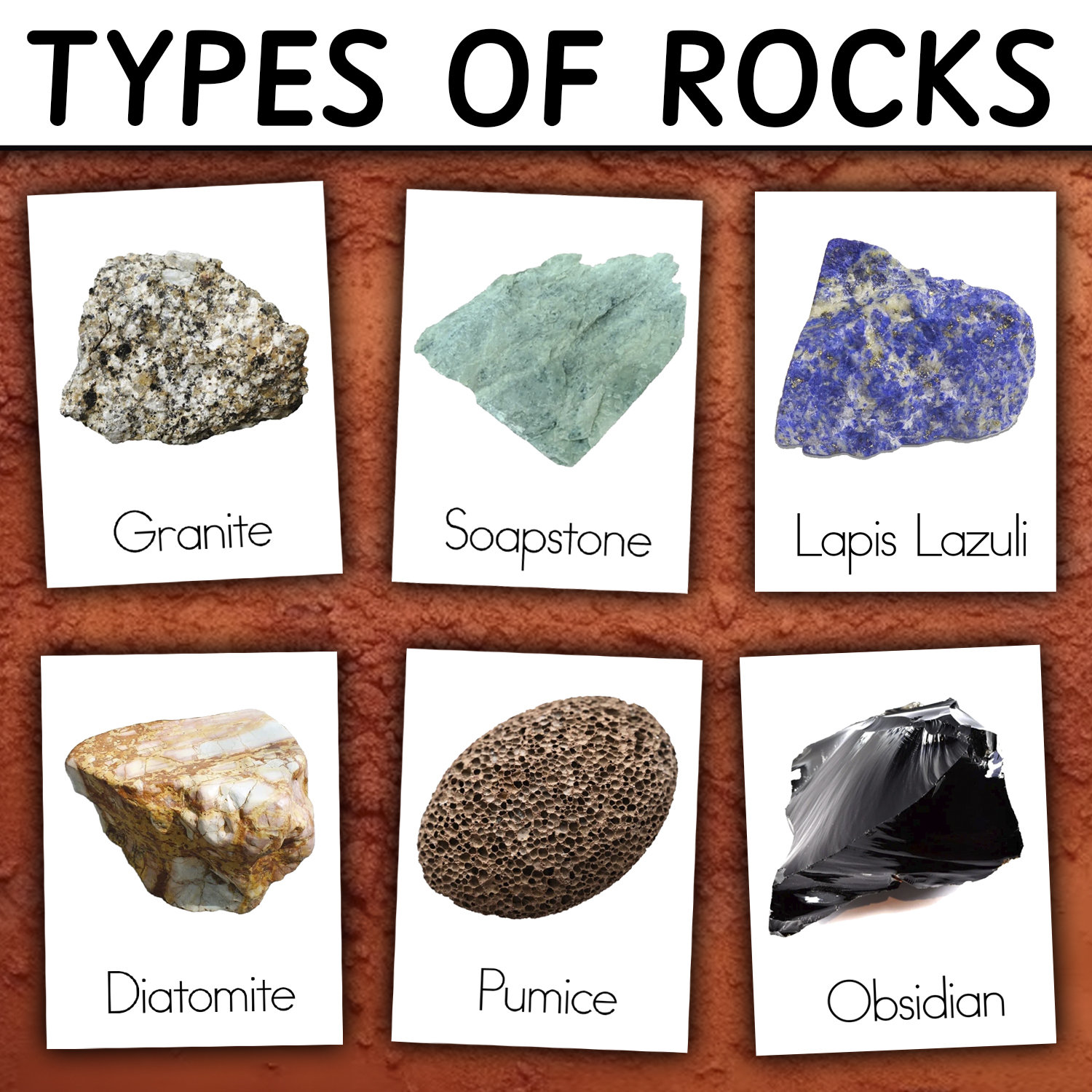 Types of Rocks Montessori 3-PART Cards | Types of Rocks Flashcards | Printable rocks flashcards for kids