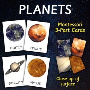 Solar System 3 part cards Solar System Planets Cards Solar System Real Pictures Flashcards Solar System Montessori Cards Planets and Surface