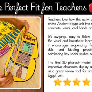 May include: A colorful, interactive educational activity about Ancient Egypt. The design features a pharaoh's mask and a yellow, multi-panel display with text and illustrations. The text reads "The Perfect Fit for Teachers."