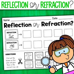 Puede incluir: Una hoja de trabajo en blanco y negro con el título "¿Reflexión o refracción?" La hoja de trabajo tiene dos casillas con diagramas de reflexión y refracción. Hay ocho casillas que los estudiantes deben recortar y pegar debajo del diagrama correcto. Las casillas contienen descripciones de diferentes escenarios que involucran la reflexión y la refracción. Una niña de dibujos animados con una bata de laboratorio y gafas de seguridad sostiene una lupa.