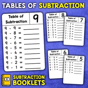 Peut inclure: Un ensemble de tables de soustraction imprimables pour les nombres de 5 à 9. Chaque table a un design noir et blanc avec un nombre en haut et une série de problèmes de soustraction à résoudre.
