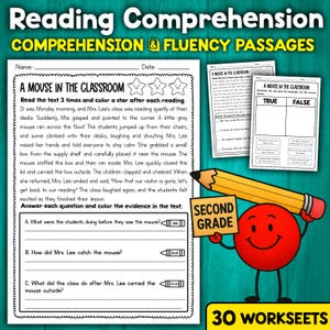 May include: A set of second-grade reading comprehension worksheets. The worksheets feature a story titled "A Mouse in the Classroom" with comprehension questions. A cartoon character holds a sign that says "Second Grade". The image also includes the text "30 Worksheets".
