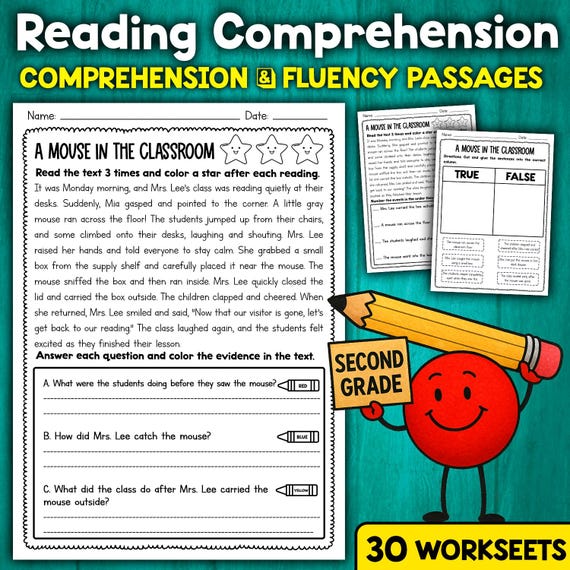 2nd Grade Reading Comprehension Passages with Questions Sequencing True or False Worksheets | Short Stories for Second Grade