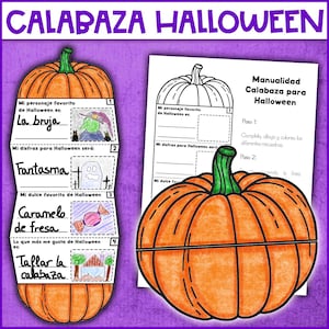Könnte beinhalten: Ein Halloween-Bastelprojekt in Kürbisform mit Ausfüllaufforderungen für Lieblingscharakter, Kostüm, Süßigkeiten und Aktivität. Enthält eine Kürbiskontur zum Ausmalen. Der Text ist auf Spanisch.
