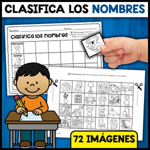 May include: A worksheet with the title "Clasifica los Nombres" in Spanish, featuring a cartoon boy and various images for classification. The text "72 IM&Aacute;GENES" is visible. A hand holds a koala image. The worksheet is designed for educational purposes.