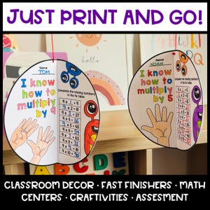 May include: Two colorful printable activity sheets for kids to practice multiplication facts. The sheets feature a hand with fingers representing the multiplication factor and a table to fill in the missing numbers. The sheets are titled "I know how to multiply by 9" and "I know how to multiply by 5".