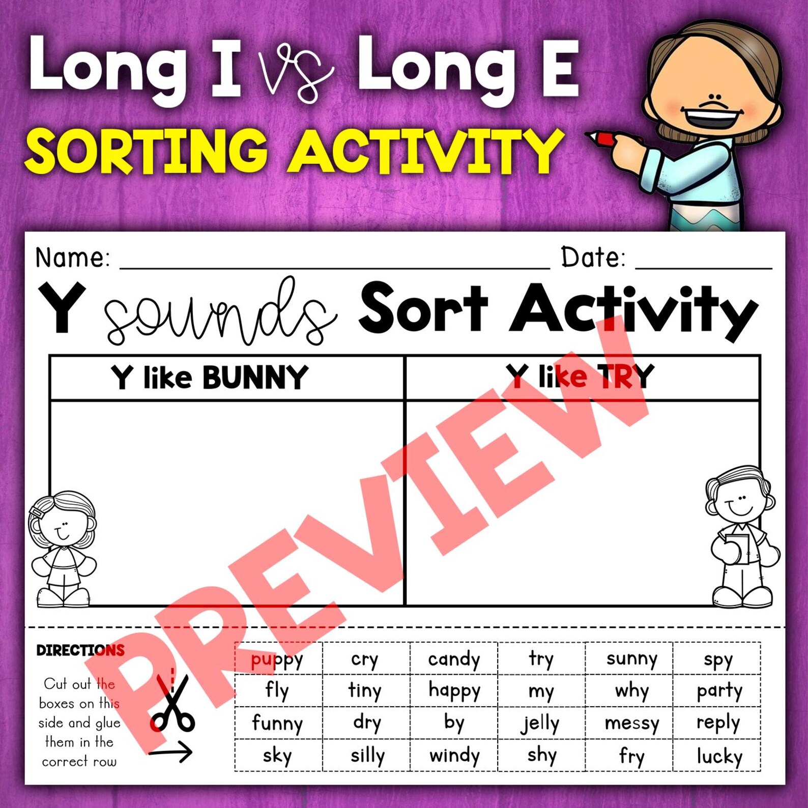 Long E Sort And Vowel Sounds Sort | Long I Vs Long E | Vowel Y Worksheets | Final ...