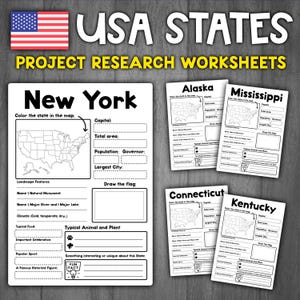 US States Research Project Worksheets | United States Geography Activity | States of USA Worksheets