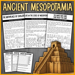 Puede incluir: Conjunto de carteles educativos sobre la antigua Mesopotamia, con texto e ilustraciones. Incluye información sobre la vida diaria, los reyes, las leyes y la cuna de la civilización. El texto está en inglés.