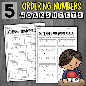 Puede incluir: Se muestran dos hojas de trabajo tituladas "Ordering Numbers Worksheets", con problemas de números para completar. El número 5 está en la esquina superior izquierda. Estas hojas de trabajo están diseñadas para fines educativos, centrándose en el orden de los números.
