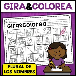 May include: A black and white worksheet with the title "Gira & Colorea" and the text "Plural de los Nombres". The worksheet features various illustrations and a girl drawing with a pencil. The worksheet is designed for educational purposes.