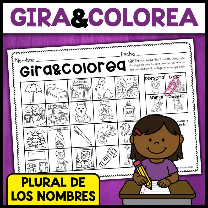 May include: A black and white worksheet with the title "Gira & Colorea" and the text "Plural de los Nombres". The worksheet features various illustrations and a girl drawing with a pencil. The worksheet is designed for educational purposes.