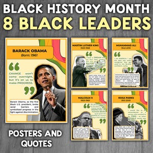 Puede incluir: Un conjunto de ocho carteles coloridos con citas de líderes negros prominentes, incluidos Barack Obama, Martin Luther King Jr., Malcolm X, Muhammad Ali y Rosa Parks. Cada cartel presenta un retrato del líder y una cita en un globo de diálogo. Los carteles se titulan "Black History Month: 8 Black Leaders" y "Posters and Quotes".
