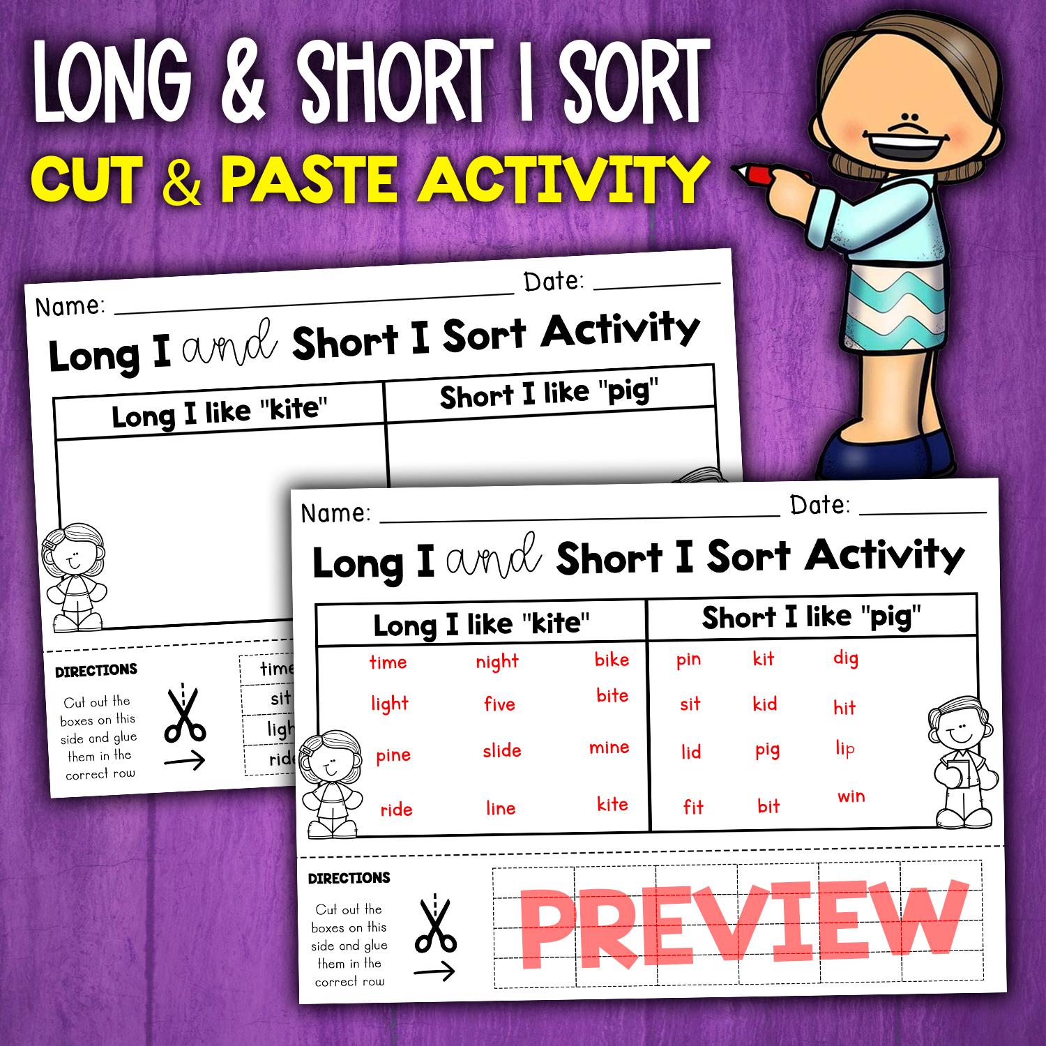 Long I & Short I Vowel Word Sort Activity, VCE Cut and Paste Worksheets ...
