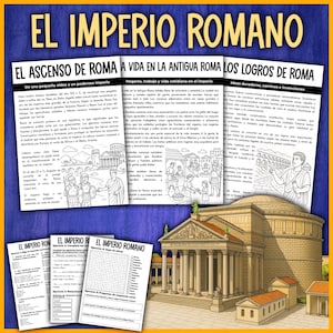 Puede incluir: Materiales educativos sobre el Imperio Romano. La imagen presenta varias hojas de trabajo y páginas informativas con ilustraciones y texto en español. El título "EL IMPERIO ROMANO" se muestra de forma destacada, junto con imágenes de arquitectura romana.