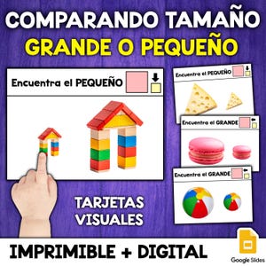Puede incluir: Tarjetas visuales educativas con el texto "COMPARANDO TAMAÑO GRANDE O PEQUEÑO" en amarillo. Las tarjetas presentan imágenes de objetos de diferentes tamaños, como casas, queso, macarons y pelotas de playa. También está presente el texto "TARJETAS VISUALES" e "IMPRIMIBLE + DIGITAL".