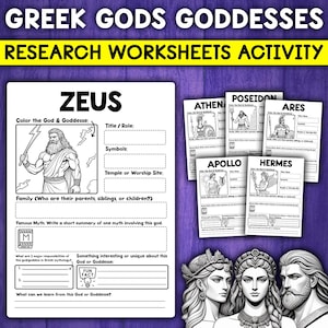 Può includere: Foglio di lavoro stampabile in bianco e nero per imparare gli dei e le dee greche. Il foglio di lavoro presenta un disegno di Zeus, il re degli dei, che tiene un fulmine. Il foglio di lavoro include sezioni per gli studenti per colorare il dio, scrivere il titolo e il ruolo, i simboli, il tempio o il luogo di culto, la famiglia, il mito famoso e fatti interessanti.