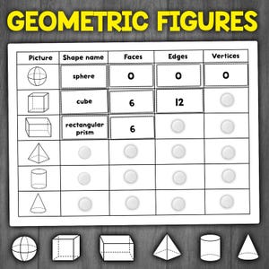 May include: A black and white worksheet with the title "Geometric Figures". The worksheet has a table with columns for "Picture", "Shape name", "Faces", "Edges", and "Vertices". The table includes images of a sphere, cube, rectangular prism, pyramid, cylinder, and cone. The table also includes the number of faces, edges, and vertices for each shape.
