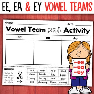 May include: A black and white printable worksheet for sorting words with the vowel teams 'ee', 'ea', and 'ey'. The worksheet has three columns labeled 'ee', 'ea', and 'ey'. Below the columns is a table with a list of words. The words are 'eat', 'feet', 'heat', 'seed', 'sleep', 'beach', 'key', 'beans', 'honey', 'turkey', 'read', 'grey', 'see', 'chimney', 'three', and 'monkey'.