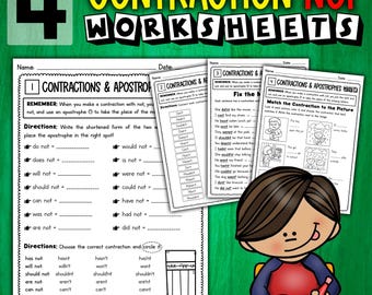 May include: Educational worksheets for learning contractions and apostrophes. The worksheets feature fill-in-the-blank exercises, matching activities, and examples. The image includes the text "CONTRACTION NOT WORKSHEETS" and a cartoon illustration of a student.