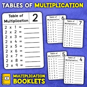 Può includere: Un set di nove tabelle di moltiplicazione per i numeri 2, 4, 5, 6 e 7. Ogni tabella è stampata su una carta bianca con testo nero e un numero grande in alto. Le carte sono disposte in una griglia su uno sfondo blu. Il testo "TABELLE DI MOLTIPLICAZIONE" è in alto nell'immagine. Il testo "QUADERNI DI MOLTIPLICAZIONE" è in basso nell'immagine.
