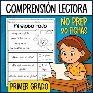 Puede incluir: Una hoja de trabajo educativa para estudiantes de primer grado. Presenta un ejercicio de comprensión lectora titulado "Mi globo rojo", con ilustraciones de un niño y un globo rojo. También se ve el texto "NO PREP 20 FICHAS".