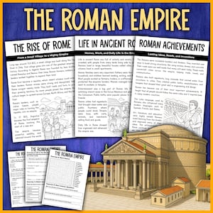 Puede incluir: Conjunto de carteles educativos sobre el Imperio Romano, con texto e ilustraciones. Incluye secciones sobre el auge de Roma, la vida cotidiana y los logros. El cartel tiene un borde amarillo y un título grande en la parte superior.