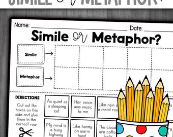 May include: Black and white printable worksheet with the title "Simile or Metaphor?"  The worksheet has a grid with boxes for students to cut out and glue under the correct heading, "Simile" or "Metaphor".  The worksheet includes examples of similes and metaphors, such as "As quiet as a sleeping cat" and "Her voice was music to me".
