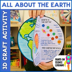 Puede incluir: Una actividad de manualidades 3D titulada "All About the Earth" muestra un globo terráqueo de papel con una sección transversal y un folleto que detalla el sistema solar. El folleto incluye datos sobre la Tierra y otros planetas. La imagen tiene el texto "Hands-On Science Learning".