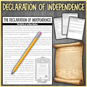 May include: Educational materials about the Declaration of Independence. Includes worksheets, a pencil, and a scroll with the text of the document. The title "Declaration of Independence" is displayed at the top.