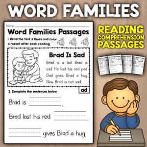 Puede incluir: Una hoja de trabajo educativa para niños titulada "Word Families Passages" con el texto "Brad Is Sad" y preguntas de comprensión. La hoja de trabajo incluye ilustraciones de un padre consolando a un niño y un niño escribiendo en un escritorio.