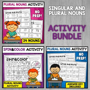 Puede incluir: Un conjunto de hojas de actividades educativas para aprender sustantivos singulares y plurales. Las hojas de trabajo presentan ilustraciones coloridas y el texto "PLURAL NOUNS ACTIVITY", "SPIN&COLOR ACTIVITY" y "ACTIVITY BUNDLE". Incluye una clave de respuestas.