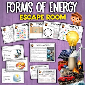 May include: Educational escape room game titled "Forms of Energy." The game includes various stations with puzzles, a mission objective, and a recording sheet. Graphics include a lightbulb, solar panel, wind turbine, and a red sports car.