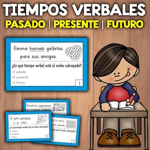 Puede incluir: Tarjetas educativas con ejercicios de gramática española. Las tarjetas presentan preguntas sobre los tiempos verbales, con ejemplos como "Emma horneó galletas para sus amigas". Un estudiante de dibujos animados está sentado en un escritorio, y el título dice "Tiempos Verbales: Pasado, Presente, Futuro."