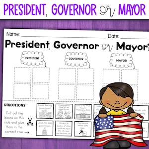 Puede incluir: Hoja de trabajo educativa titulada "¿Presidente, Gobernador o Alcalde?" con secciones para Presidente, Gobernador y Alcalde. Incluye ilustraciones e instrucciones para una actividad de clasificación. Una niña de dibujos animados sostiene una bandera estadounidense.