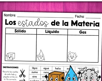 Spanish Matter Sorting Activity | States of Matter in Spanish | Sort Solids, Liquids, and Gases | Cut and Paste Science Worksheet